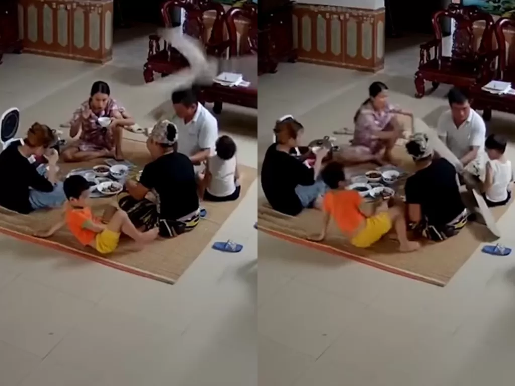 Kipas Angin jatuh saat keluarga ini makan malam. (Photo/YouTube)