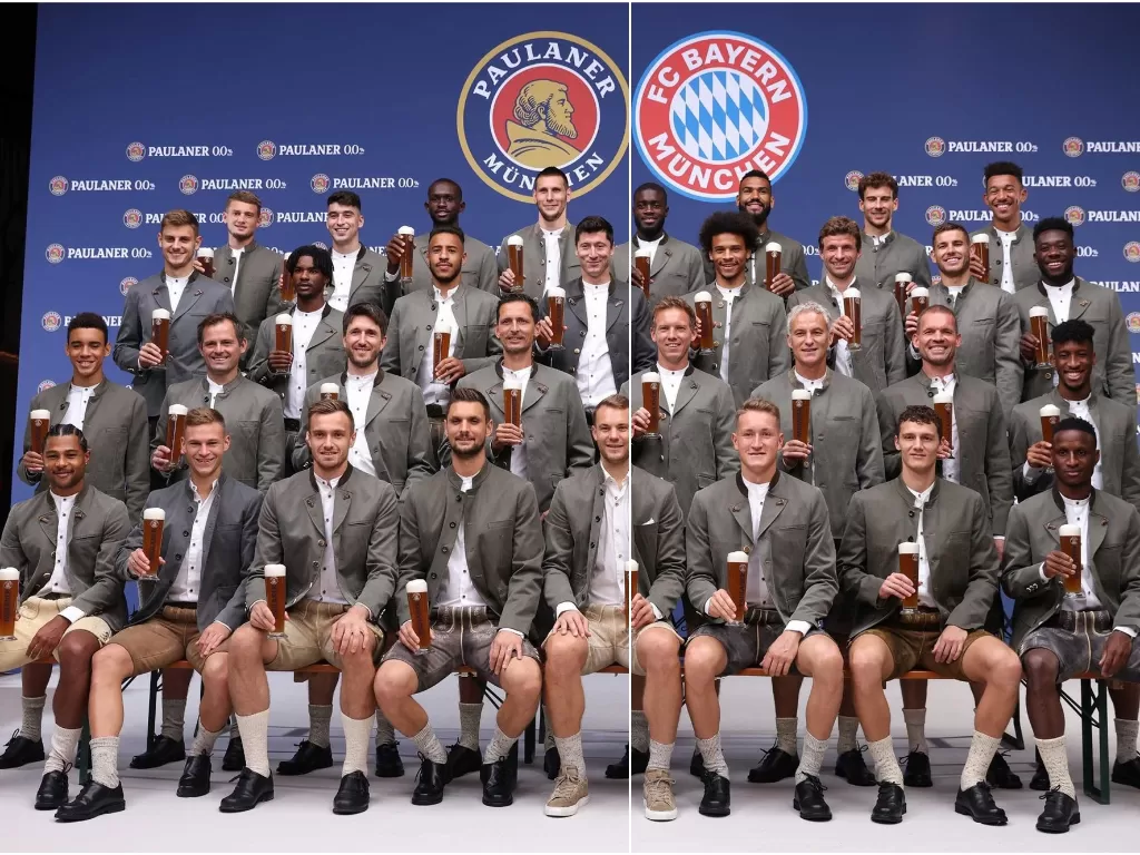 Skuad Bayern Munich berfoto dengan pakaian tradisional Bavaria dan pegang bir. (photo/Instagram/@fcbayern)