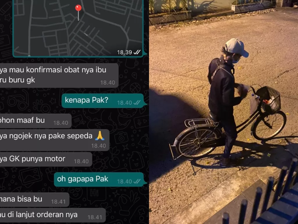 Ojol yang antarakan pesanan pakai sepeda karena tak punya motor (Twitter/ peacefulgreeny)