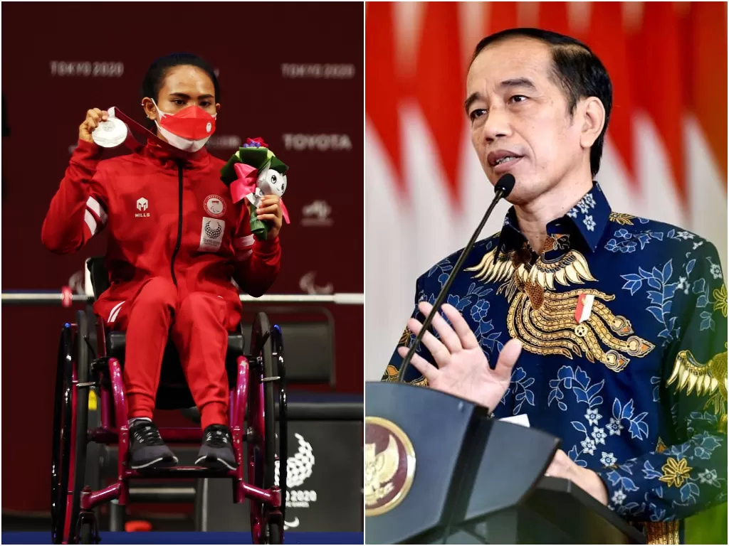 Kiri: Peraih medali perak Ni Nengah Widiasih dari Indonesia di podium (REUTERS/Molly Darlington). Kanan: Presiden Jokowi. (photo/Instagram/@jokowi)