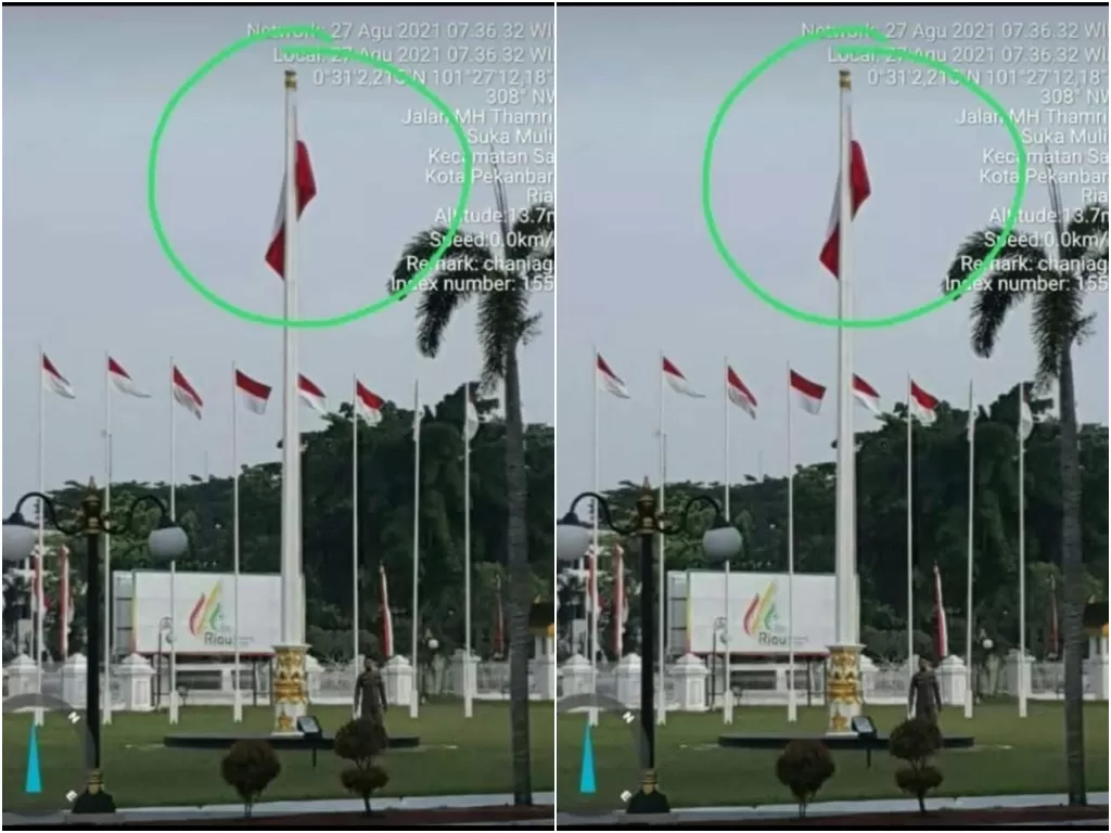  Bendera merah putih yang terpasang terbalik di rumah dinas Gubernur Riau. (photo/Istimewa)