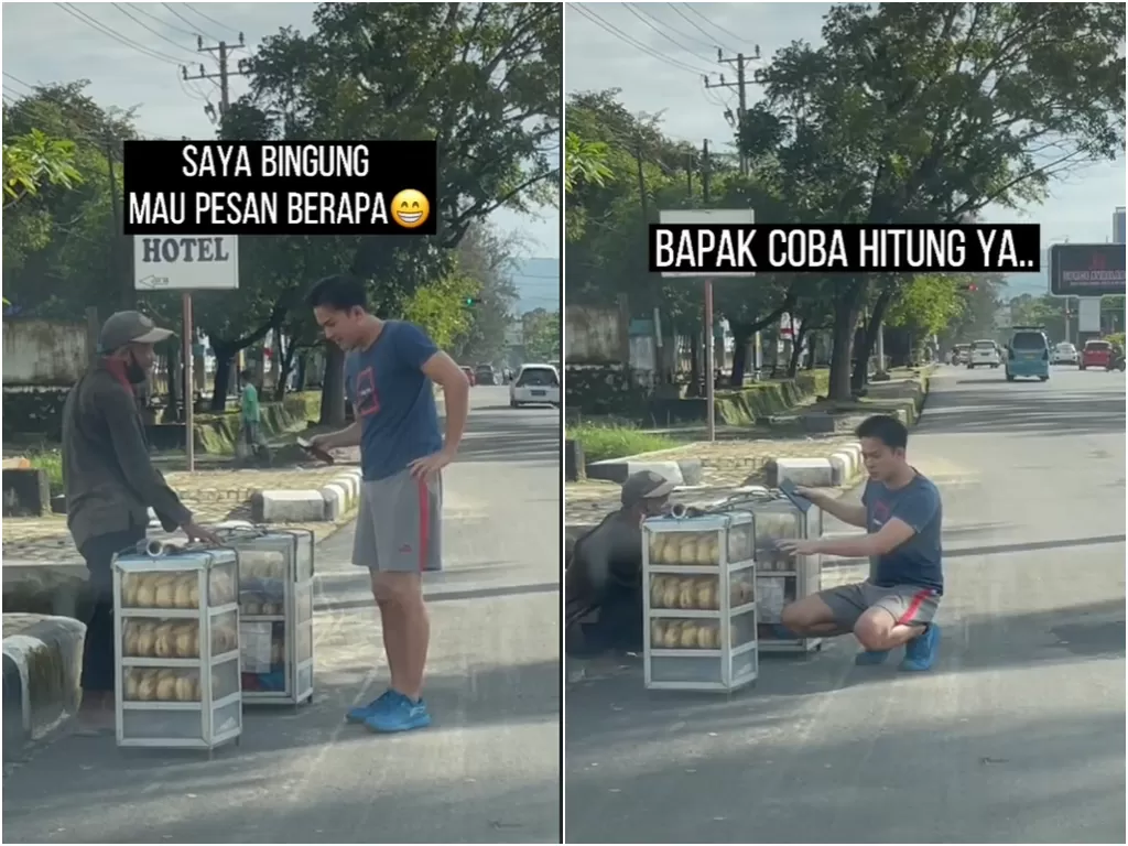   Cuplikan video pria yang borong dagangan bapak-bapak penjual roti di jalan. (photo/Istimewa)