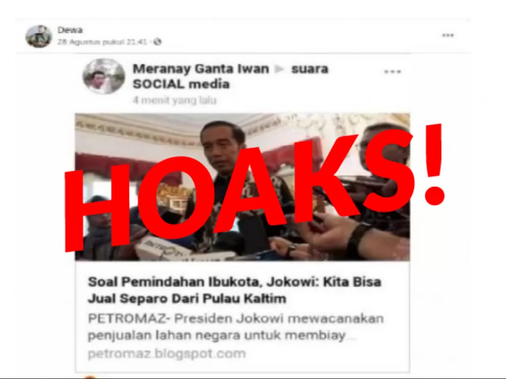 Tangkapan layar artikel yang menyatakan Jokowi akan jual sebagian Kaltim (photo/Facebook/ilustrasi)
