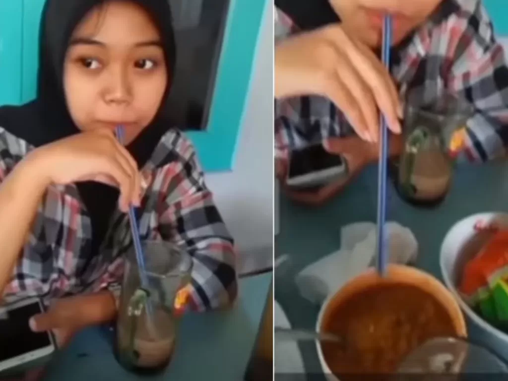 Aksi menjijikan wanita berhijab masukan air dalam sedotan bekas mulut ke mangkuk sambal warung makan (Istimewa)