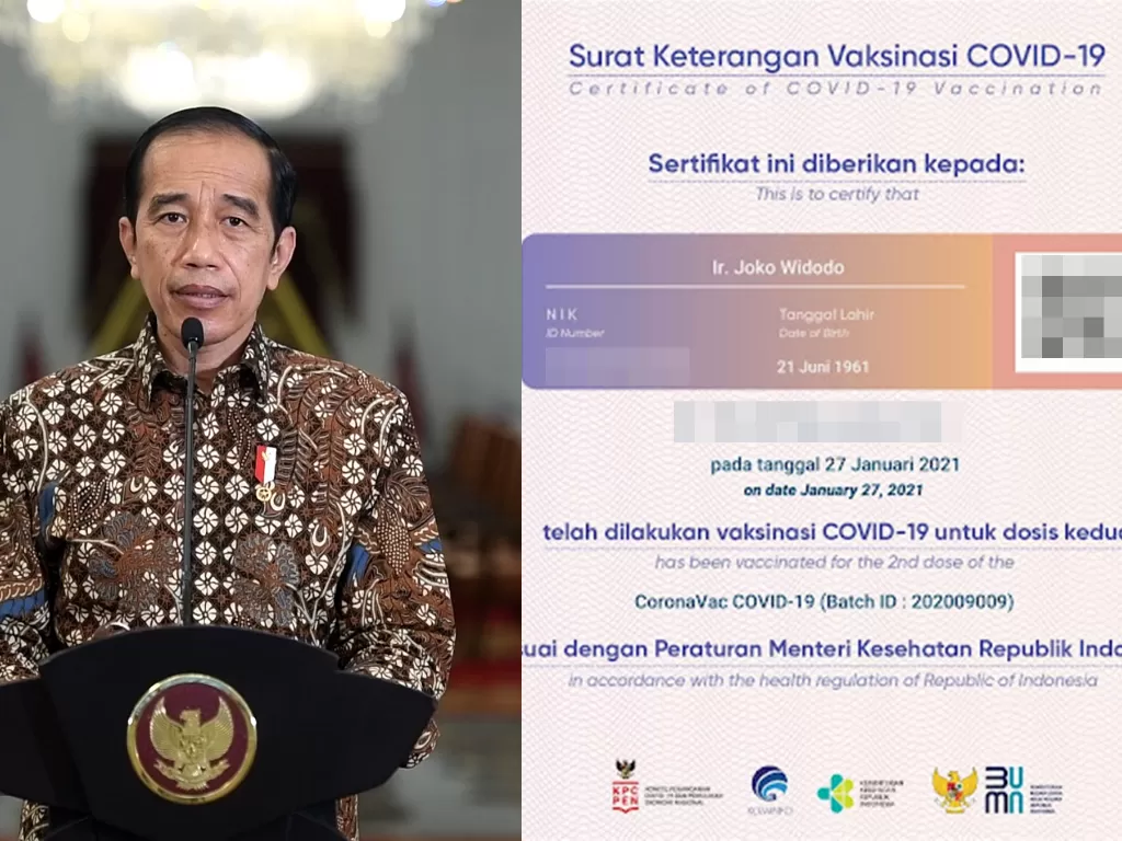 Kiri: Presiden Jokowi (ANTARA FOTO) | Kanan: Sertifikat vaksin Covid-19 Jokowi yang diunduh dari PeduliLindungi (Istimewa)