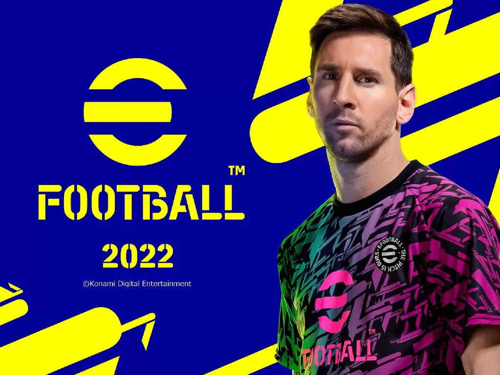 Pesepakbola Lionel Messi dan logo eFootball 2022 besutan Konami (photo/Konami)