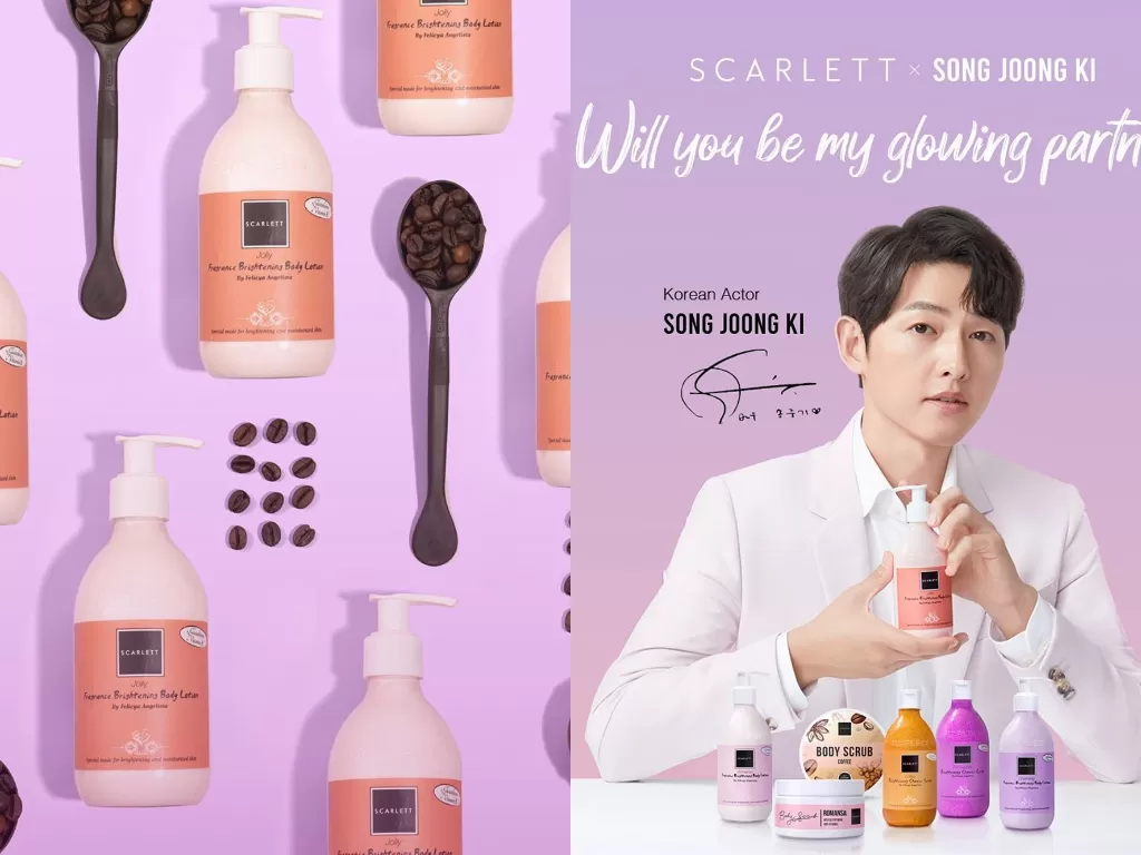 Produk kecantikan Scarlett (kiri) dan Song Joong Ki (kanan). 