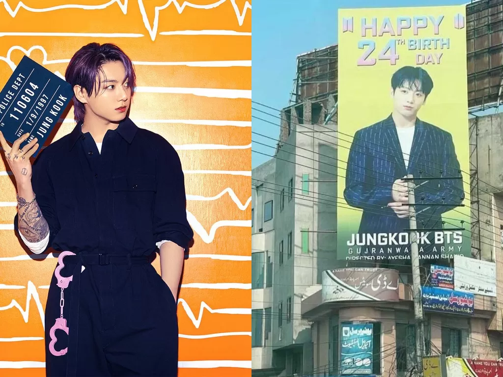 Jungkook BTS (kiri) dan baliho ucapan selamat ulang tahun untuk Jungkook (kanan). (photo/Instagram/@bts.bighitofficial/Twitter/@starsluvjk)
