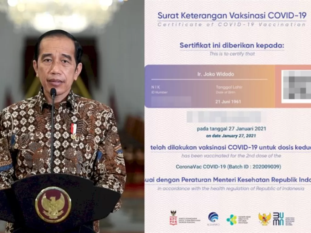 Kiri: Presiden Jokowi (ANTARA FOTO) | Kanan: Sertifikat vaksin Covid-19 Jokowi dan terdapat NIK presiden. (Istimewa)