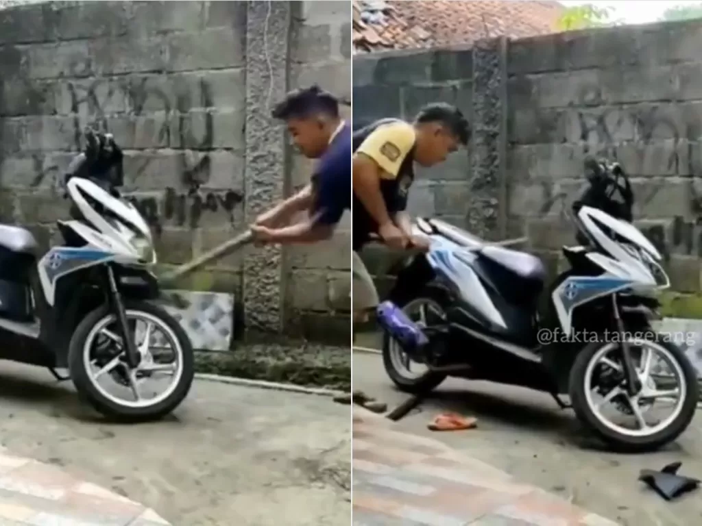 Pria ini mengamuk dan rusak motor miliknya sendiri (Instagram/fakta.indo)