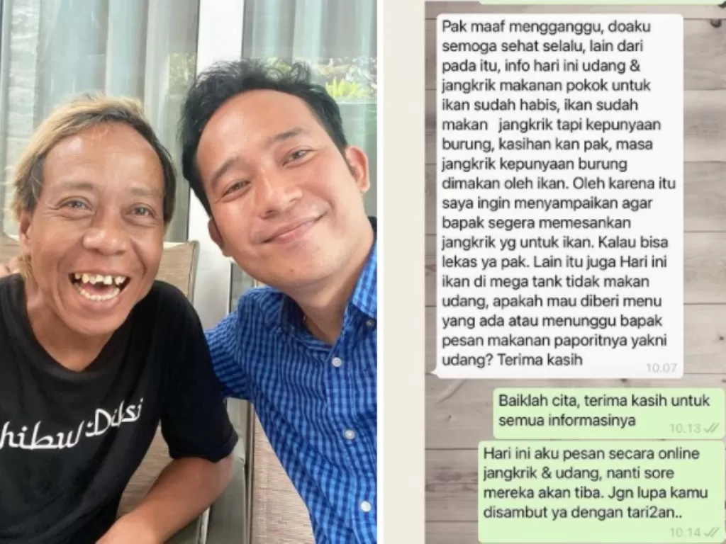 Denny Cagur dengan asustennya Agus Citayam (kiri). Isi chattingan asisten Denny Cagur (kanan). (Instagram/@dennycagur).