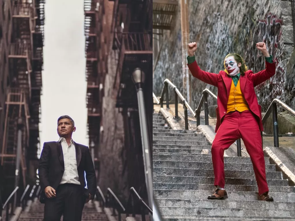 Kiri: Gading Martin berfoto di Joker Stairs (Instagram/gadiiing) | Kanan: Scene film Joker yang berada di tangga (Istimewa)