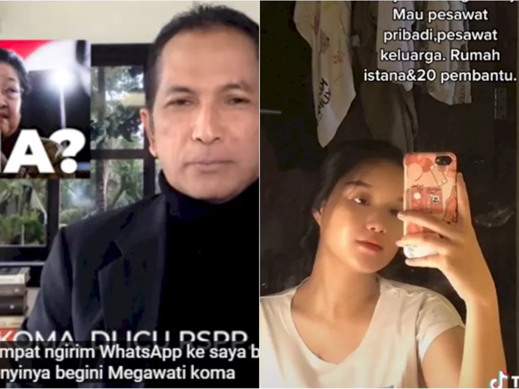 Kiri: Megawati diisukan koma. (YouTube Hersubeno Point) / Kanan: Cewek cantik minta mahar super mahal (Tiktok/akulinnkitty)