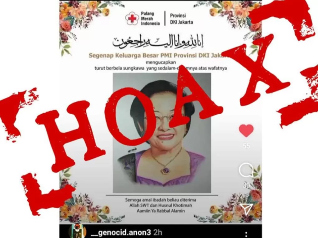 Pamflet hoax Megawati dikabarkan wafat di media sosial. (Instagram/PMI DKI Jakarta)
