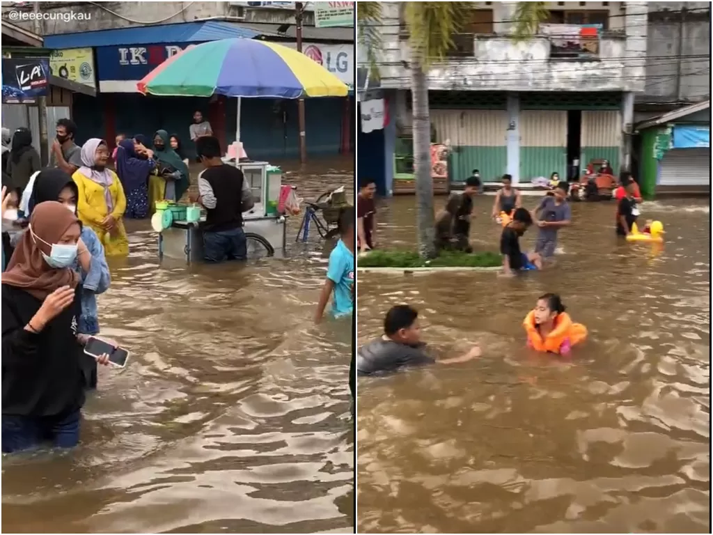   Cuplikan video warga yang jadikan banjir wisata air. (photo/istimewa)