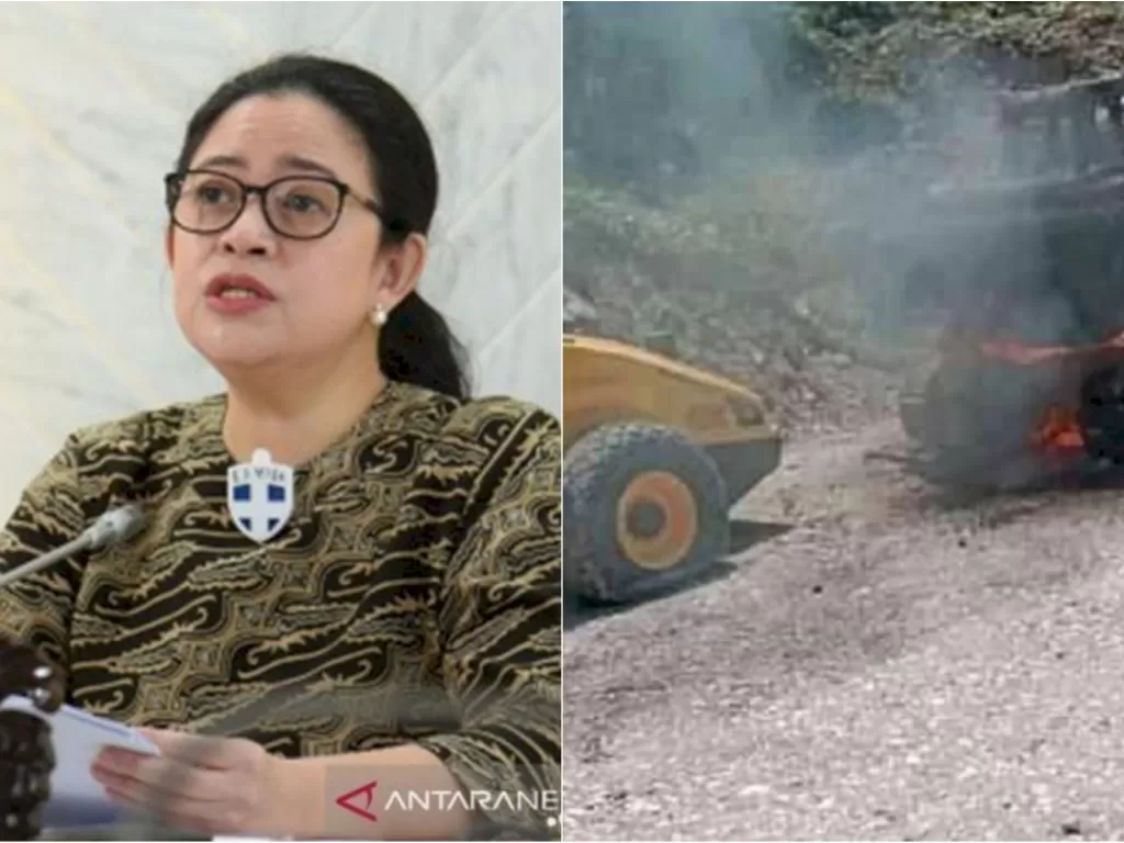 Kiri: Ketua DPR RI Dr. (H.C.) Puan Maharani. (ANTARA/HO-DPR RI) / Kanan: Kondisi alat berat yang dibakar OPM. (Dok TPNPB-OPM)