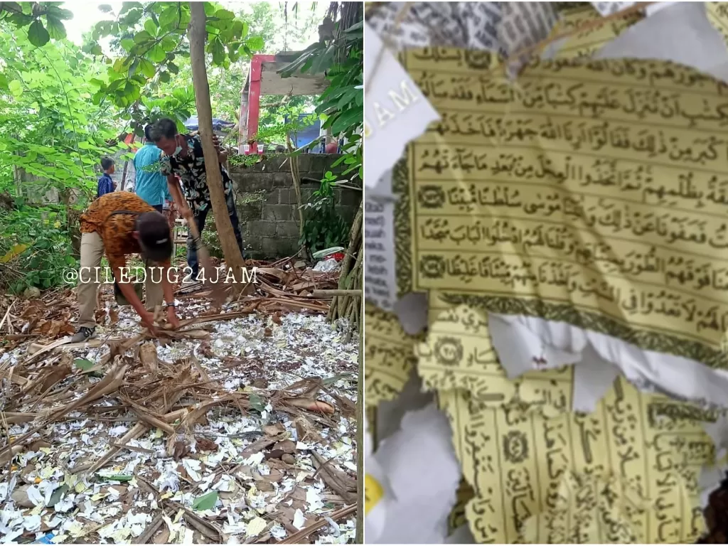 Warga kumpulkan robekan kertas bekas petasan berbahan lembar ayat Alquran di Ciledug, Tangerang. (Instagram @ciledug24jam)