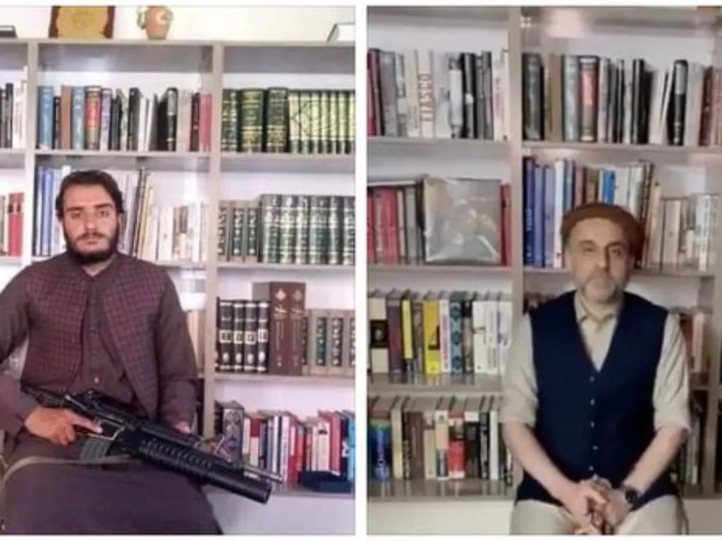 Pejuang Taliban (kiri), mantan Wakil Presiden Afghanistan Amrullah Saleh (kanan). (Twitter/@HamzaAzhrSalam)