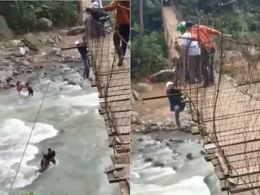 Warga selamatkan pasutri yang terjatuh dari jembatan gantung di Desa Ciladaeun (Instagram/andreli48)