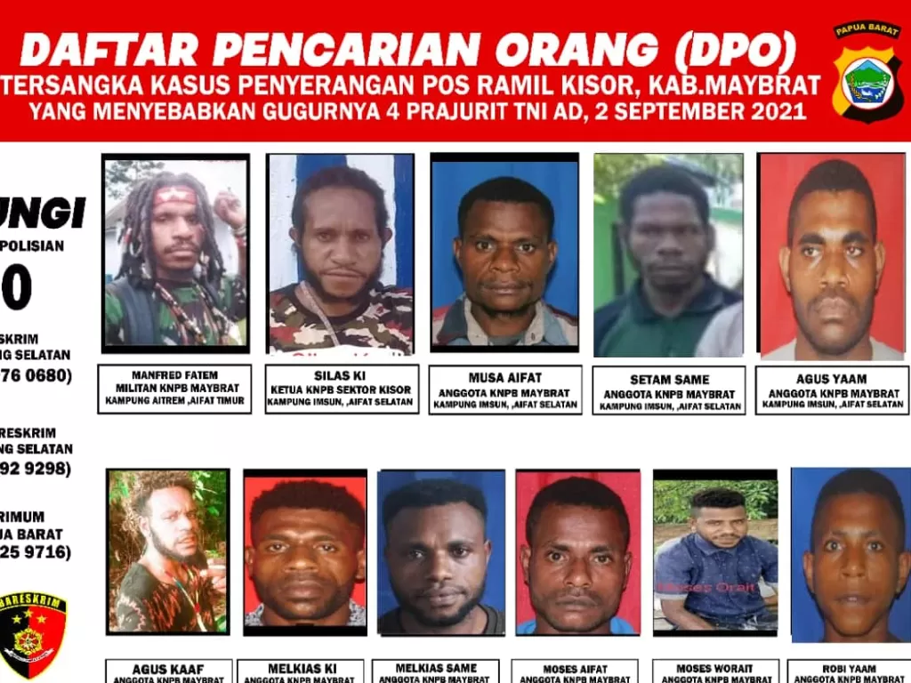 Wajah 11 anggota KKB terduga pelaku penyerangan Posramil di Papua Barat (Instagram/humaspoldapapuabarat)