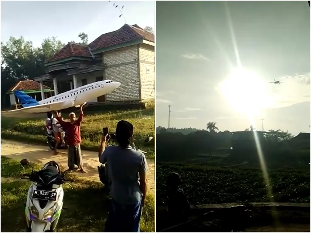 Cuplikan video pria yang terbangkan miniautr pesawat ke langit. (photo/TikTok)