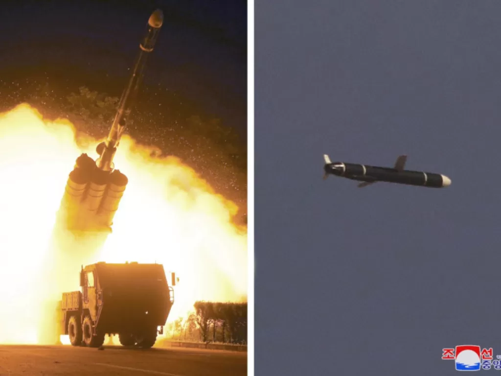Akademi Ilmu Pertahanan Nasional melakukan uji coba rudal jelajah jarak jauh di Korea Utara, seperti yang digambarkan dalam kombinasi foto tak bertanggal yang disediakan oleh Kantor Berita Pusat Korea (KCNA) Korea Utara pada Senin (13/9/2021). (photo//KCN