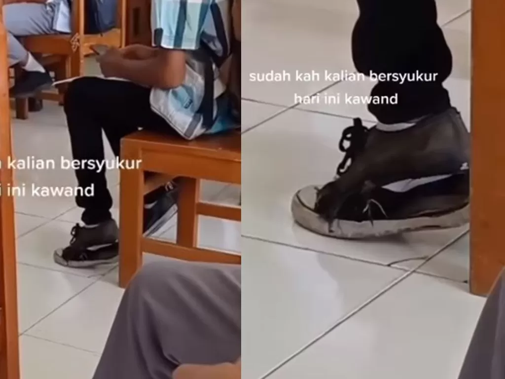 Pelajar pakai sepatu robek ke sekolah (Tangkapan layar/Istimewa)