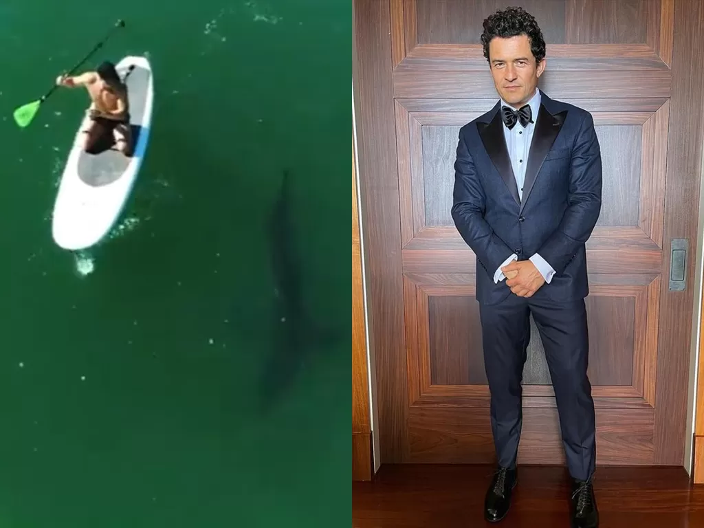 Orlando Bloom bermain papan dayung meski ada hiu putih. (Photo/Instagram/@orlandobloom)