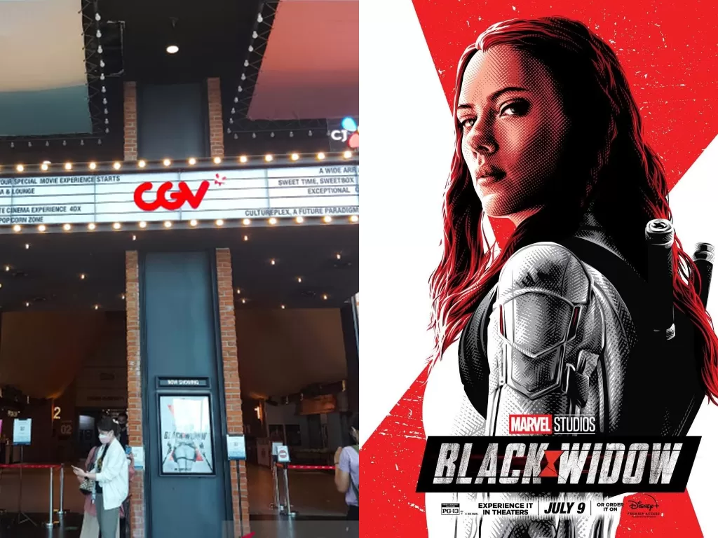 kiri: Suasana CGV di hari pertama bioskop beroperasi (ANTARA/Mentari Dwi Gayati) / kanan: poster film Black Widow (Instagram/marvelstudios)