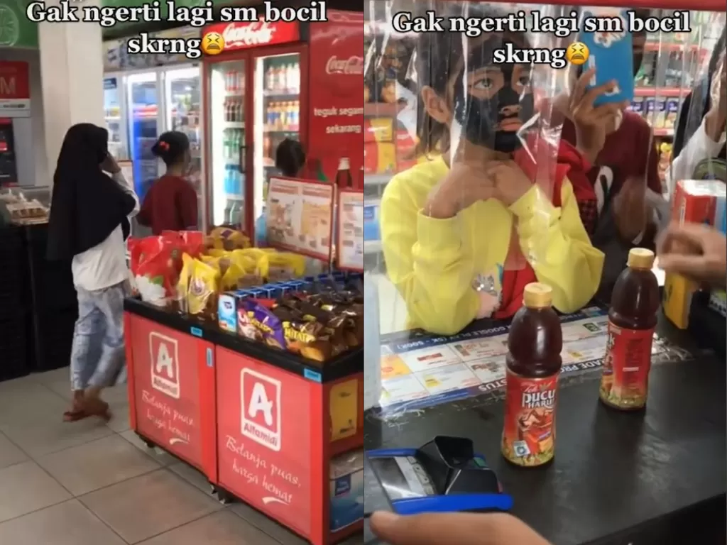 Kelakuan bocah pakai masker wajah saat belanja di minimarket (TikTok/whopssiyyy)