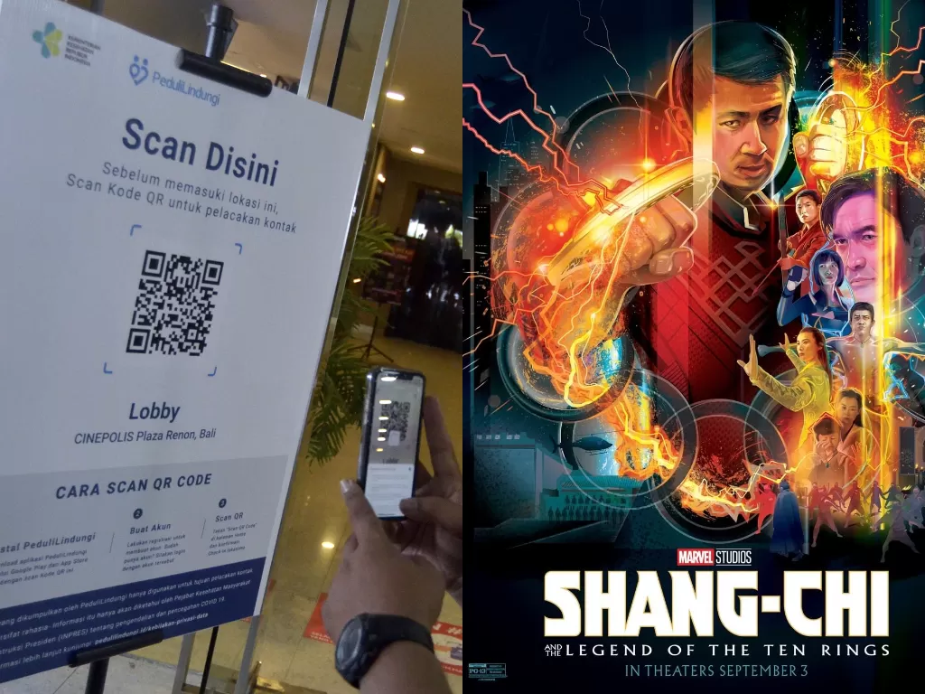 kiri: Cinepolis Cinemas di Plaza Renon, Denpasar, Bali. (ANTARA/Fikri Yusuf) / kanan: Poster film Shang-Chi. (Instagram/shangchi)