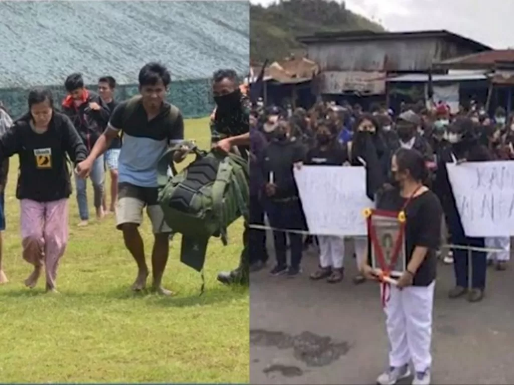 Kolase Foto Nakes yang sedang menghindar dari KKB dan Nakes sedang melakukan aksi unjuk rasa terkait mempertanyakan peran HAM di Papua. (foto/istimewa).
