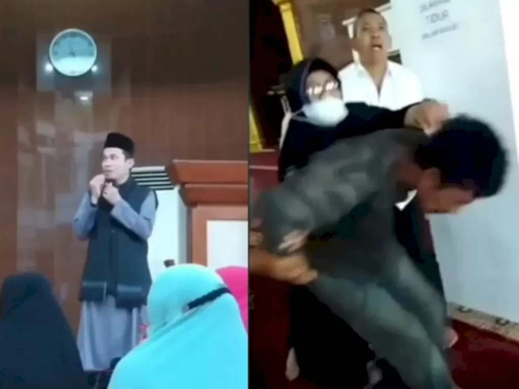 Kolase Foto Detik-detik Video Ustaz Asal Batam Diserang saat Tausiah di Masjid Baitusyakur (Istimewa)