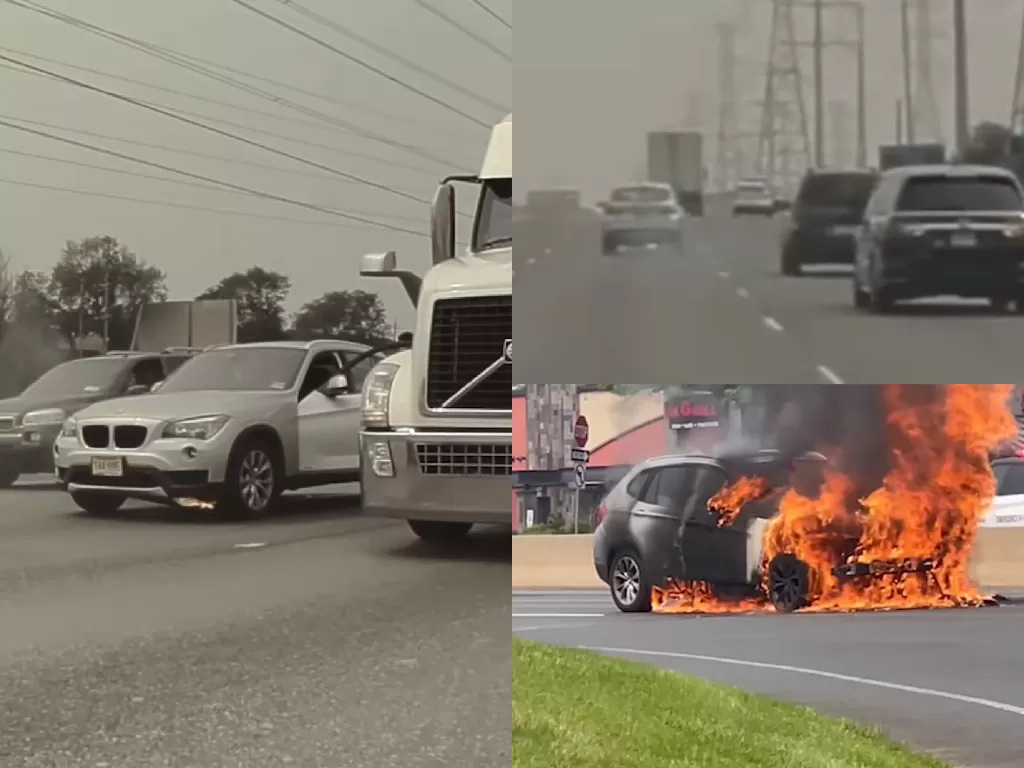 Mobil BMW X1 yang terbakar saat melaju di jalanan (photo/YouTube/Wham Baam Teslacam)