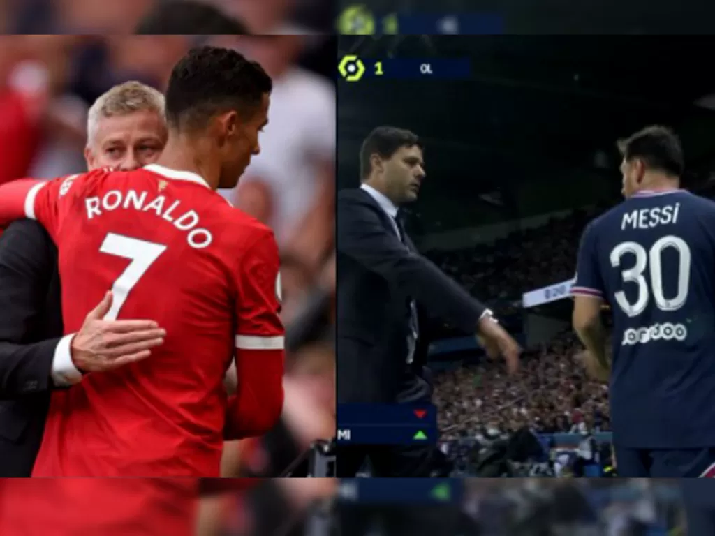 Warganet membandingkan hubungan Ronaldo dan pelatih MU serta Messi dengan Pelatih PSG yang tampak kontras. (@MUFC_redarmy99)witter/@