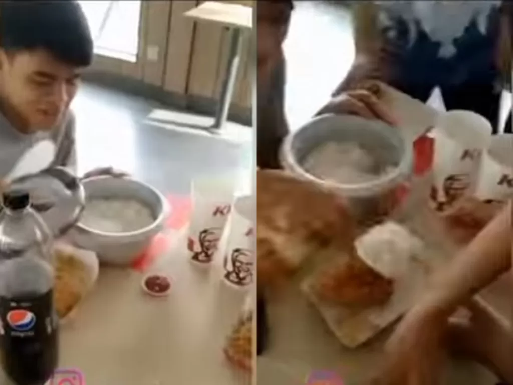 Sekelompok remaja bawa nasi dari rumah saat makan di KFC (Instagram/video_medsos)