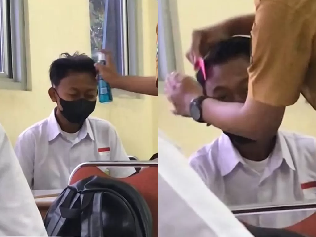 Guru yang merapikan rambut muridnya. (TikTok/fetraardian)