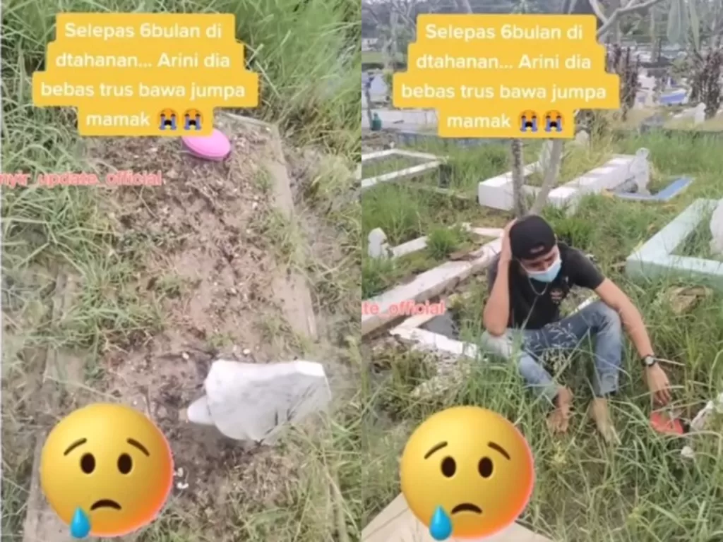 Pria ini nangis terisak datang ke kuburan sang ibu selepas bebas dari penjara (Instagram/insta.nyinyir)