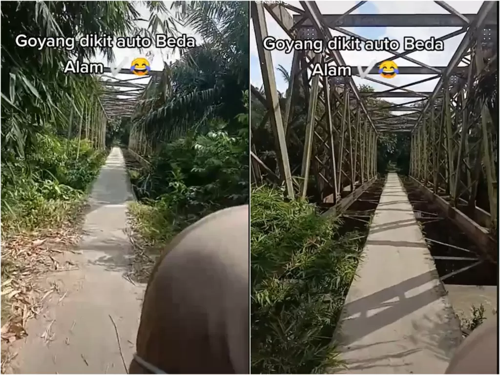 Cuplikan video warga yang lewati jembatan selebar jalan setapak. (photo/TikTok)