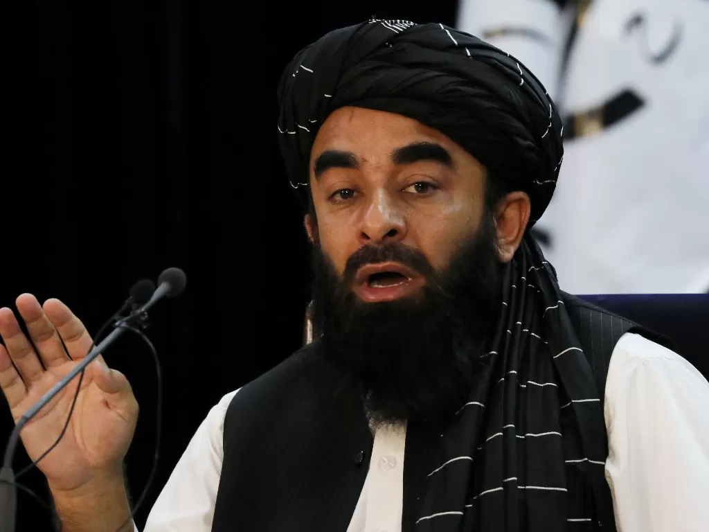 Juru bicara Taliban Zabihullah Mujahid berbicara dalam konferensi pers di Kabul, Afghanistan 6 September 2021. (photo/REUTERS/Stringer)