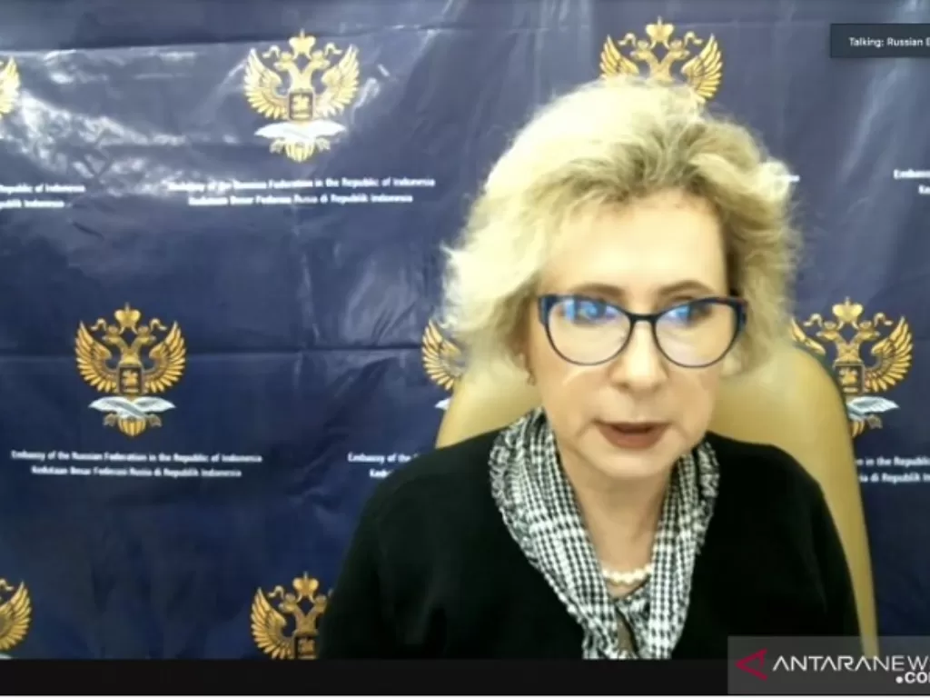 Tangkapan layar Duta Besar Rusia untuk Indonesia, Lyudmila Vorobieva dalam konferensi pers Kedubes Rusia yang digelar dari Jakarta. ((ANTARA/Aria Cindyara)