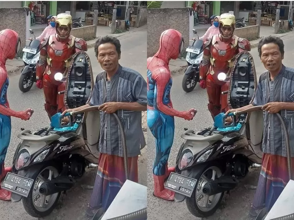 Anggota Avengers tengah kehabisan bensin dan memutuskan untuk isi bensin di tengah jalan. (Instagram/warga.kocak62)