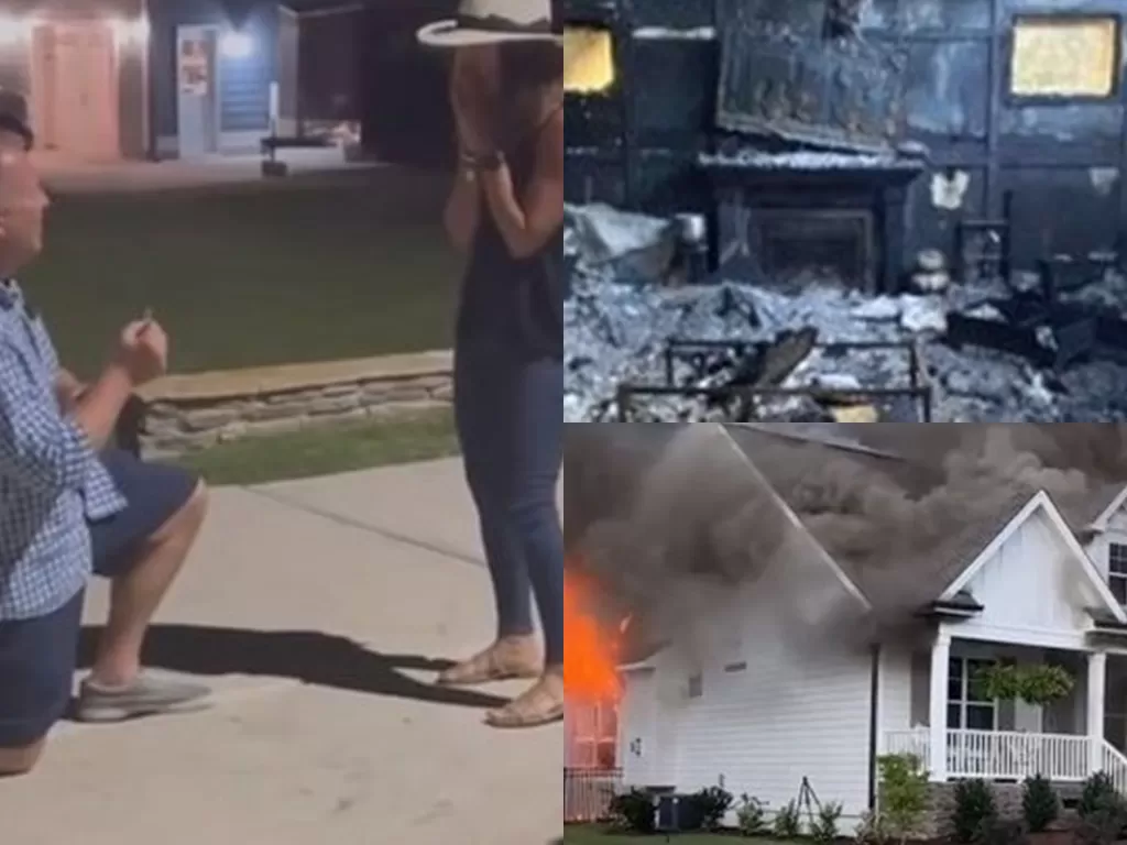 Momen pria yang melamar kekasih saat rumahnya terbakar. (Fox News via Metro)