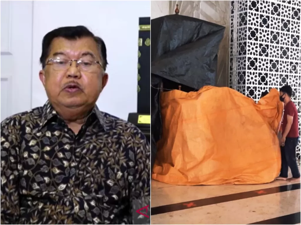 Kiri: Tim Labfor Polda Sulsel melakukan olah tempat kejadian perkara (TKP) seusai mimbar Masjid Raya dibakar oleh pelaku pada Sabtu (25/9/2021). (ANTARA). Kanan: Ketua Umum Dewan Masjid Indonesia (DMI) Jusuf Kalla.  (ANTARA/Indra Arief)