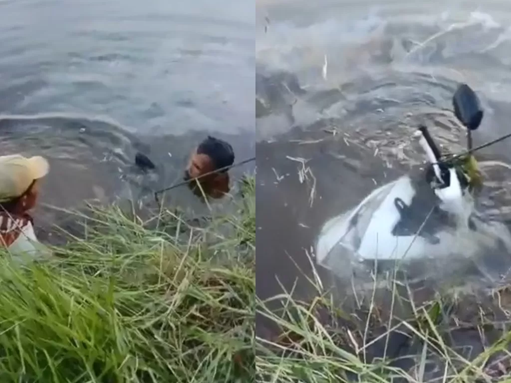 Motor yang didapat seorang pria saat tengah memancing di sungai. (TikTok/zayen77)