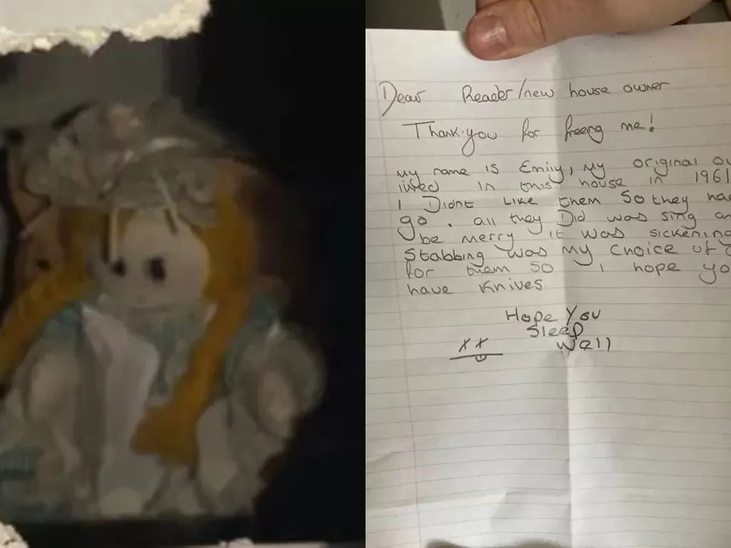 Boneka dan sepucuk surat misterius yang ditemukan di ruang bawah tangga. (Foto/ECHO)