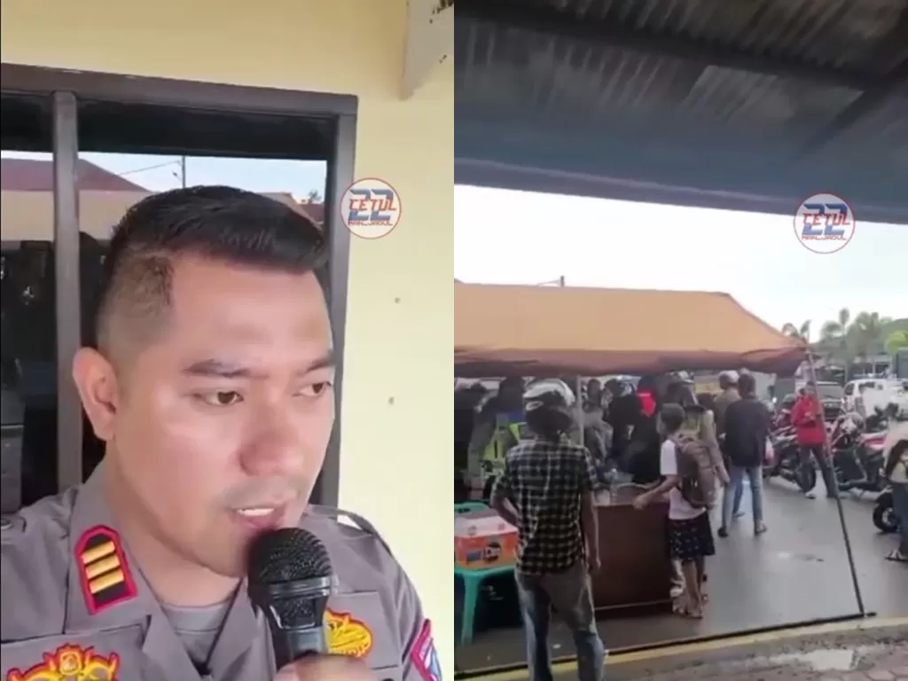 Anggota polisi tiru cara berdagang saat gelar program garansi di Pidie Aceh (Instagram/cetul222)