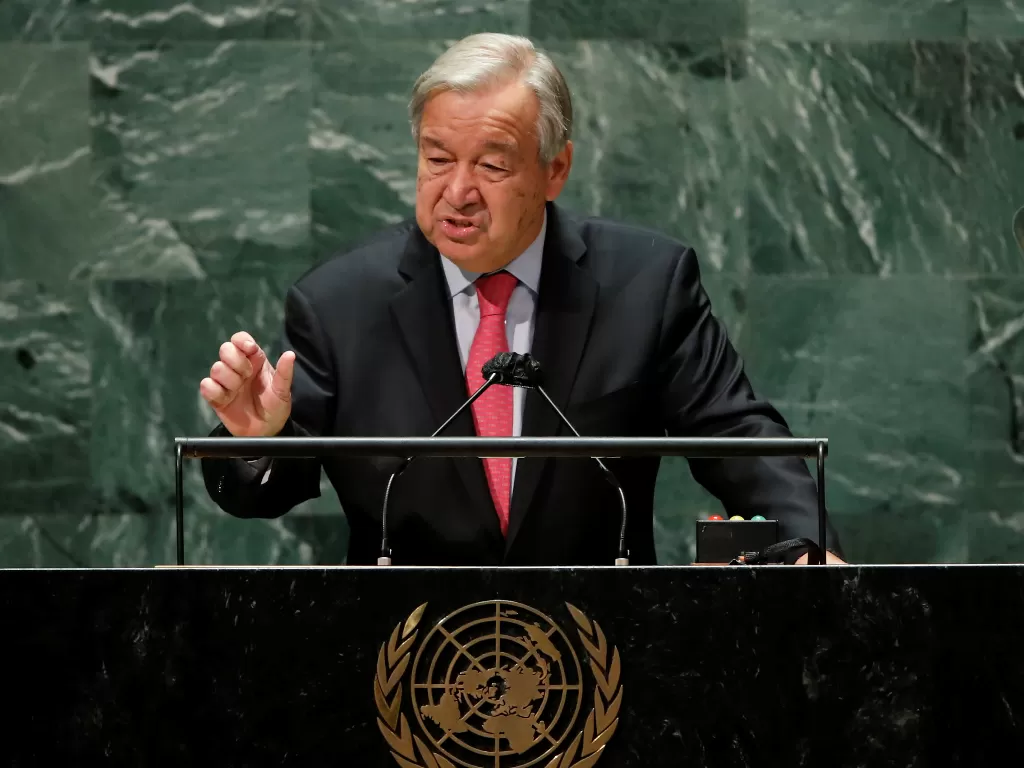 Sekjen PBB Antonio Guterres berbicara pada SDG Moment, acara yang menjadi bagian dari Sidang ke-76 Majelis Umum PBB di New York, AS, Senin (20/9/2021). (photo/REUTERS/Eduardo Munoz)
