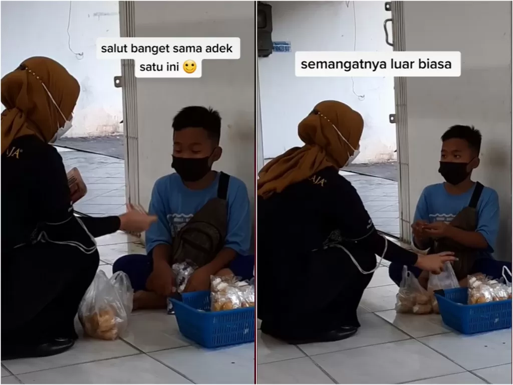 Cuplikan video bocah yang berjualan kue keliling viral di sosmed. (photo/TikTok)