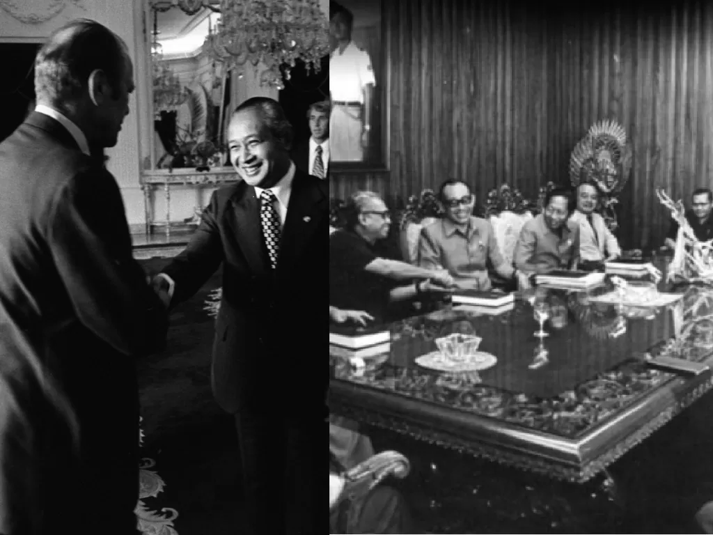 Presiden Soeharto saat bertemu Gerald Ford. (Wikipedia), Presiden Soeharto sedang memimpin sidang kabinet terbatas bersama para menterinya. (Istimewa).
